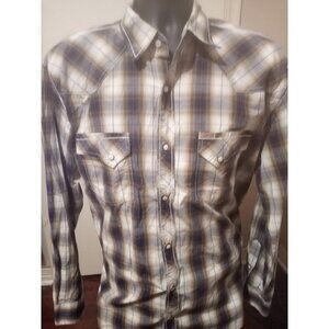 Rafter C Pearl Snap Button Shirt Men's XL Blue/Brown Plaid Western Long Sleeve